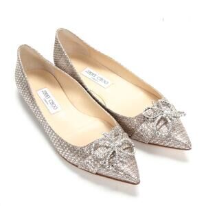 Jimmy Choo Veil Champagne Metallic Silver Woven Flats w/ Crystals EU 36 / US 6